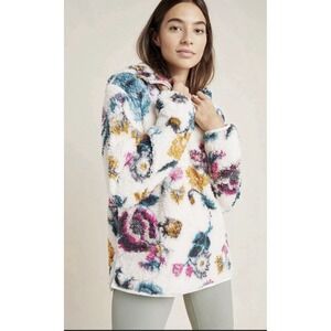 ANTHROPOLOGIE Rosemarie Hooded Sherpa Jacket Teddy Zip Sweater Floral Size Small
